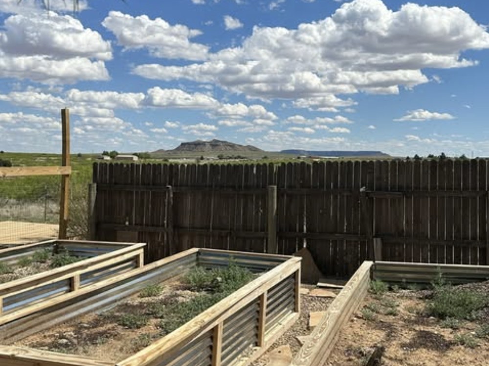 Raised garden beds with mesa in the background