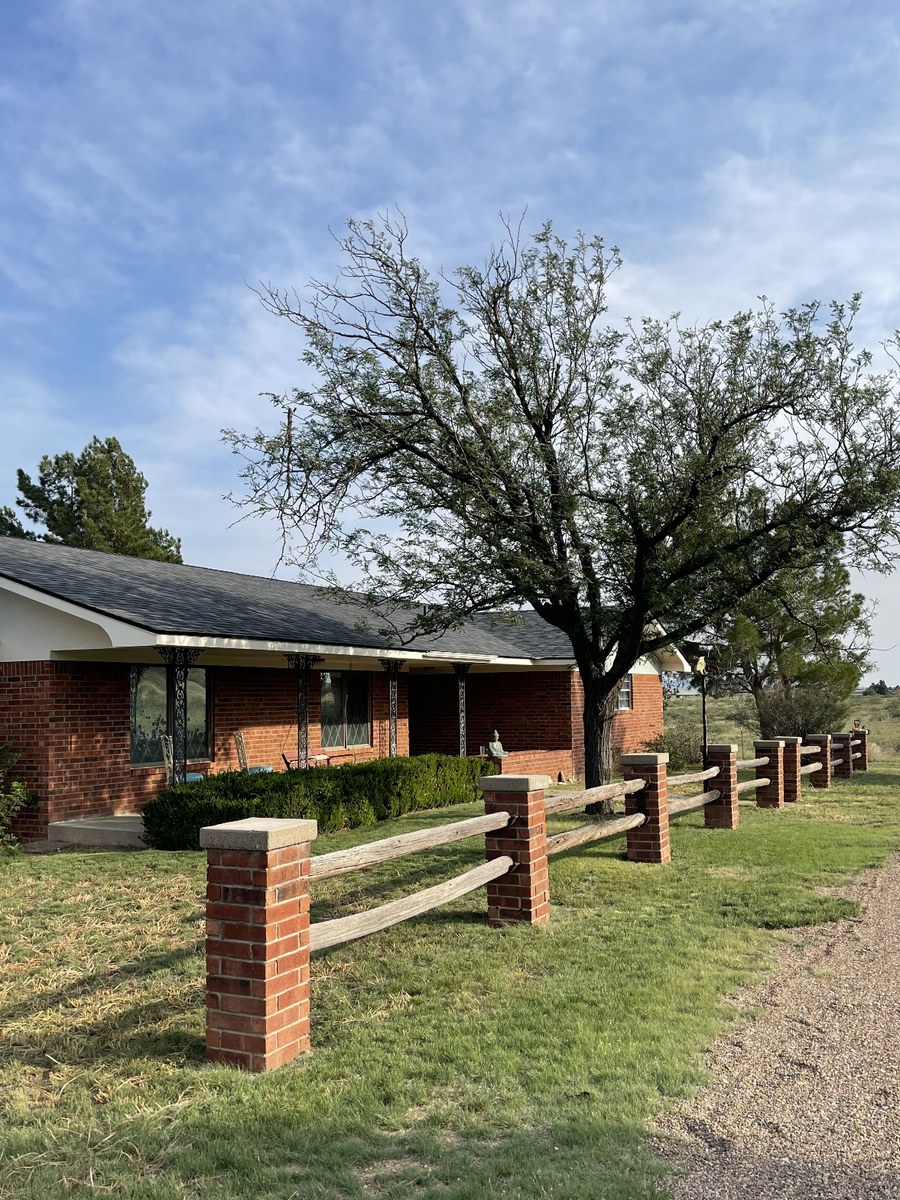 Ranch house with brick fence and tree
